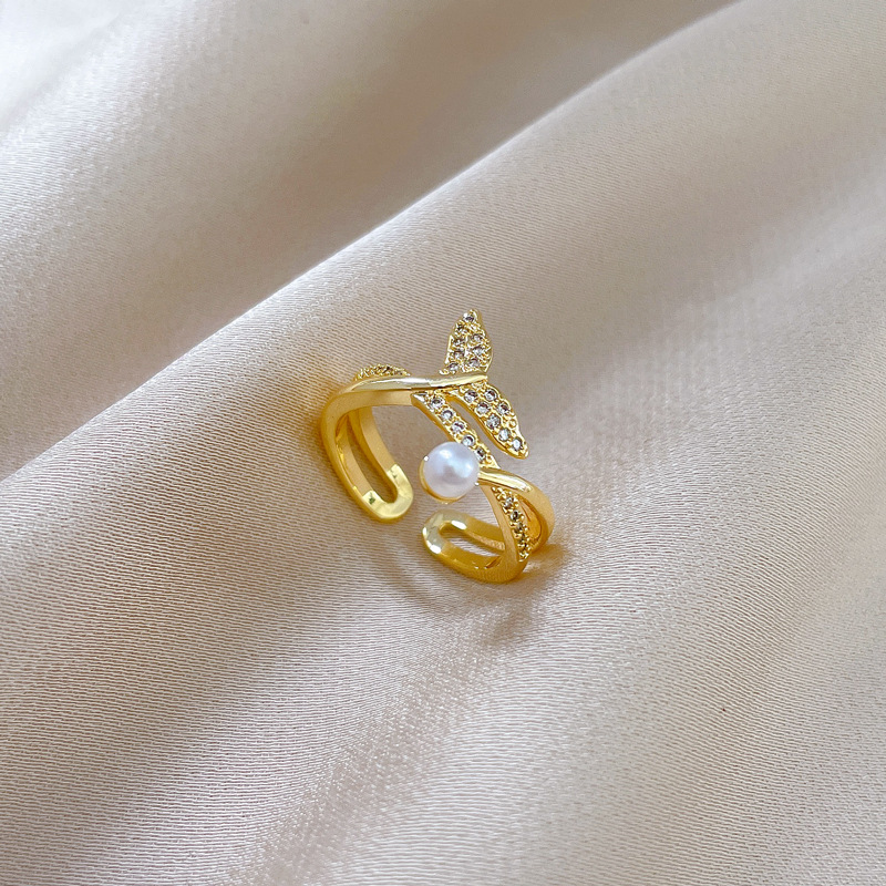 Offener Fischschwanz Perlenring Gold Design Ring Für Damen_voghion.com
