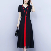 一件代发妈妈夏装短袖连衣裙中年女装洋气小个子中老年气质雪纺裙