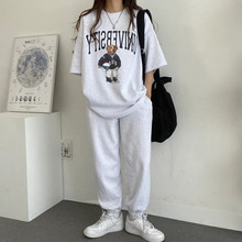 小熊套装女款韩版两件加大码棉夏休闲运动服卡通女装潮牌新款长裤