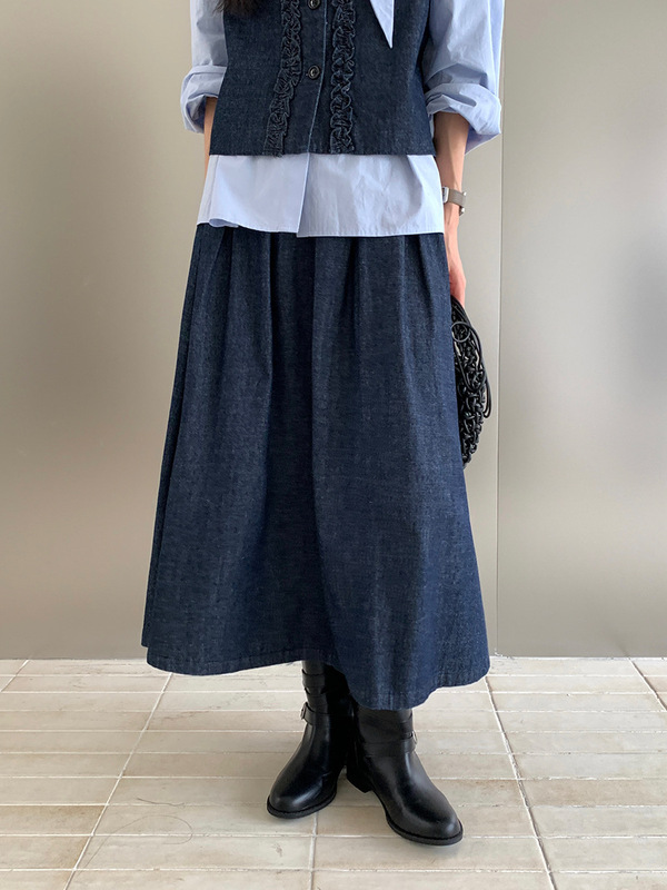 THINK十三行韩系木耳边牛仔套装女2025秋季新款马甲半身裙两件套|undefined