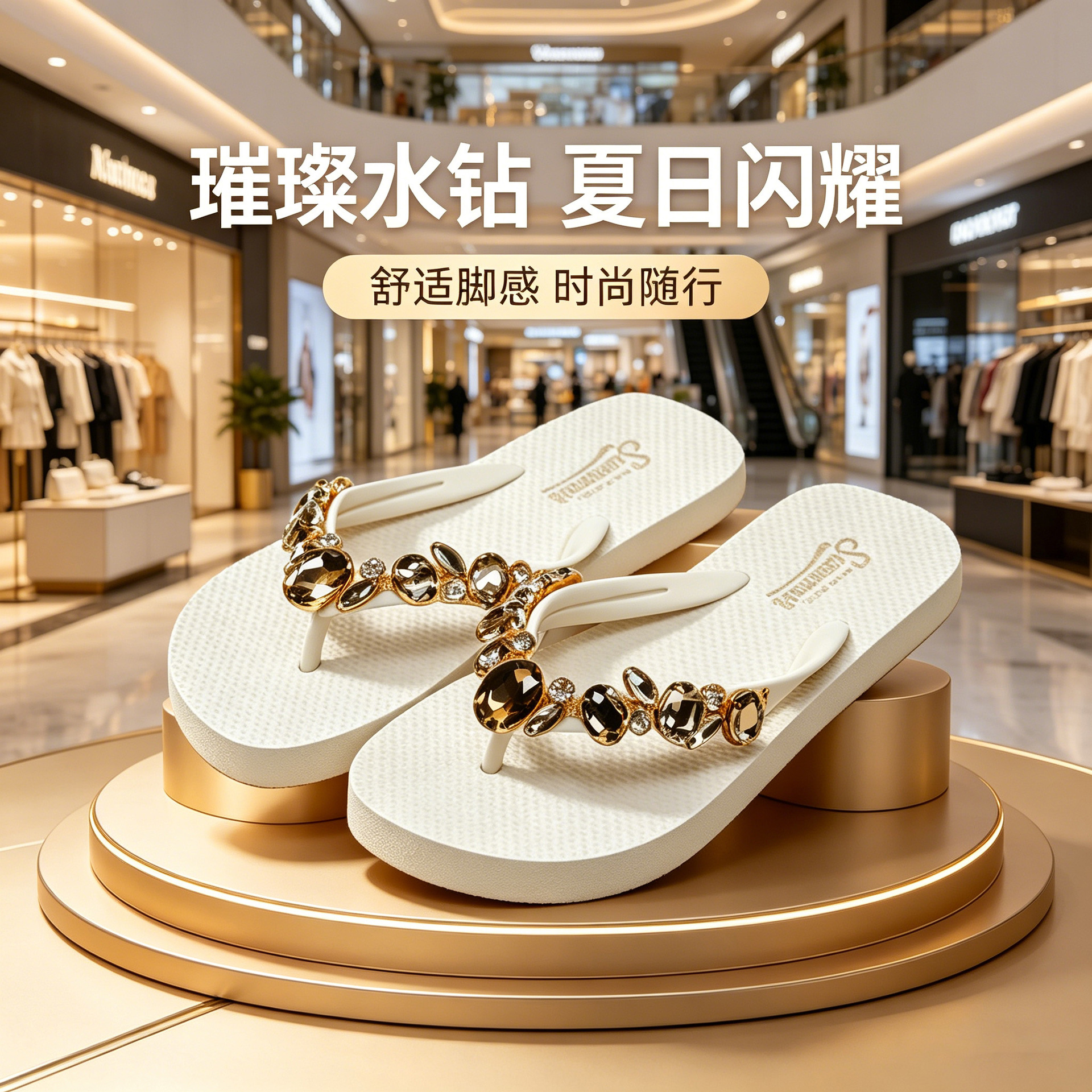 Beautiful Rhinestone Flip-Flops for Women, Flat Sandals, Non-Slip Slippers, Versatile for Beach Vacations and Outdoor Wear