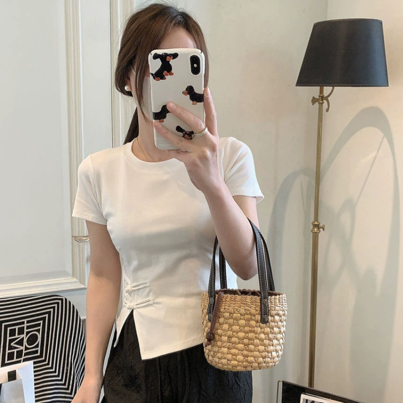 Новая женская футболка из чистого хлопка в китайском стиле с короткими рукавами, лето 2025, модный дизайн, короткий топ в китайском стиле с разрезом и пряжкой для женщин