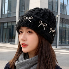 韩国博主同款蝴蝶结针织毛线帽秋冬ins大头围百搭时尚护耳冷帽女