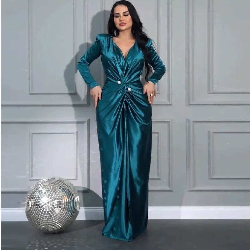 Amazon Xiyin 2025 Autumn New Cross-Border Style Mature V-Neck Fashion Pleated Waist-Cinching Evening Dress