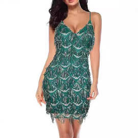 2025年欧美跨境纯色流苏亮片吊带酒会礼服裙派对服短裙流苏连衣裙