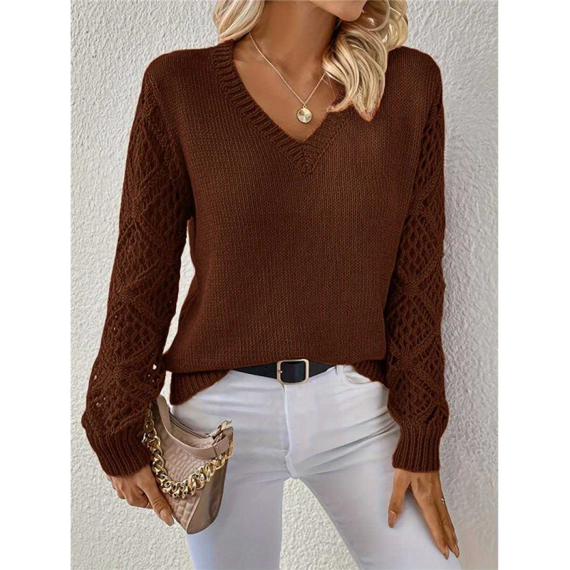 Primavera y otoño abrigo agujero jersey de punto suéter de mujer hookah de manga larga gancho flor Jacquard suelto V-collar bottom top transfronterizo