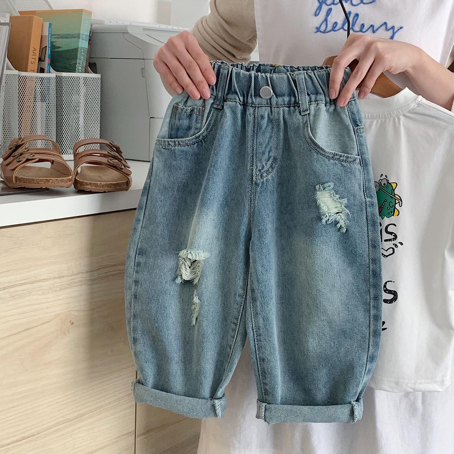 Otoño bebé jeans, pantalones de primavera para niños y niñas, pantalones de rábanes, pantalones de jeans agujeros de letras para niños image 3