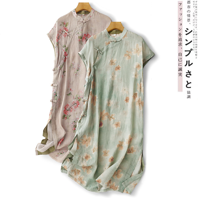 Cool Wind Buckle Inclined Placket Pure Cotton Linen Women's Mid-length dress Summer Artistic Tea Clothing Side Split Gown Cool Wind Buckle Inclined Placket Pure Cotton Linen Women's Mid-length dress Summer Artistic Tea Clothing Side Split Gown