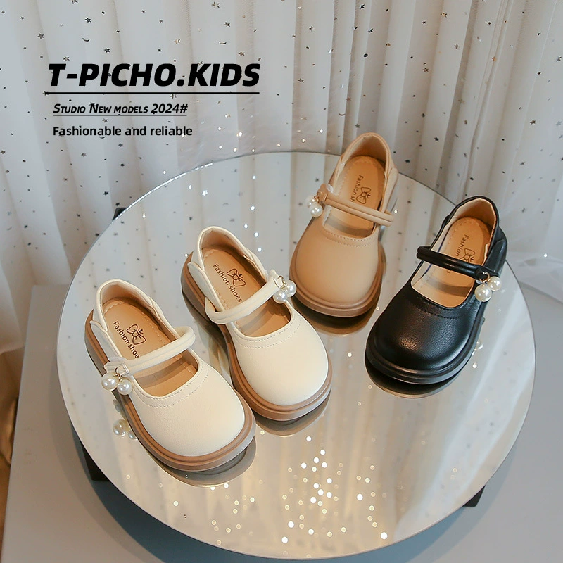 Принцесс обувь для девочек 2024 весна и осень легкие детские кожаные ботинки жемчужные подвески Mary Jen одиночные ботинки для девочек модные одиночные ботинки