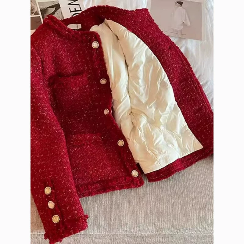 Короткая красная пуховая куртка с пухом, стиль Chanel, высокое качество, для подростков, увеличенная толщина
