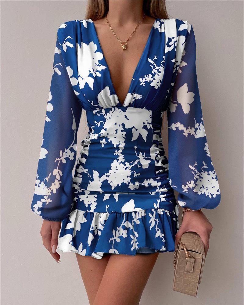 Vestido midi de chifón sexy con cuello en V, elegante y con estampado en la cintura, estilo nuevo transfronterizo europeo y americano 2026