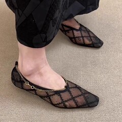 羊の皮の版 ~ 春夏の新型の通気性のレースのネットのスパンコールの小さい角の頭の1字は靴の女性のメアリー珍の平底を持ちます。