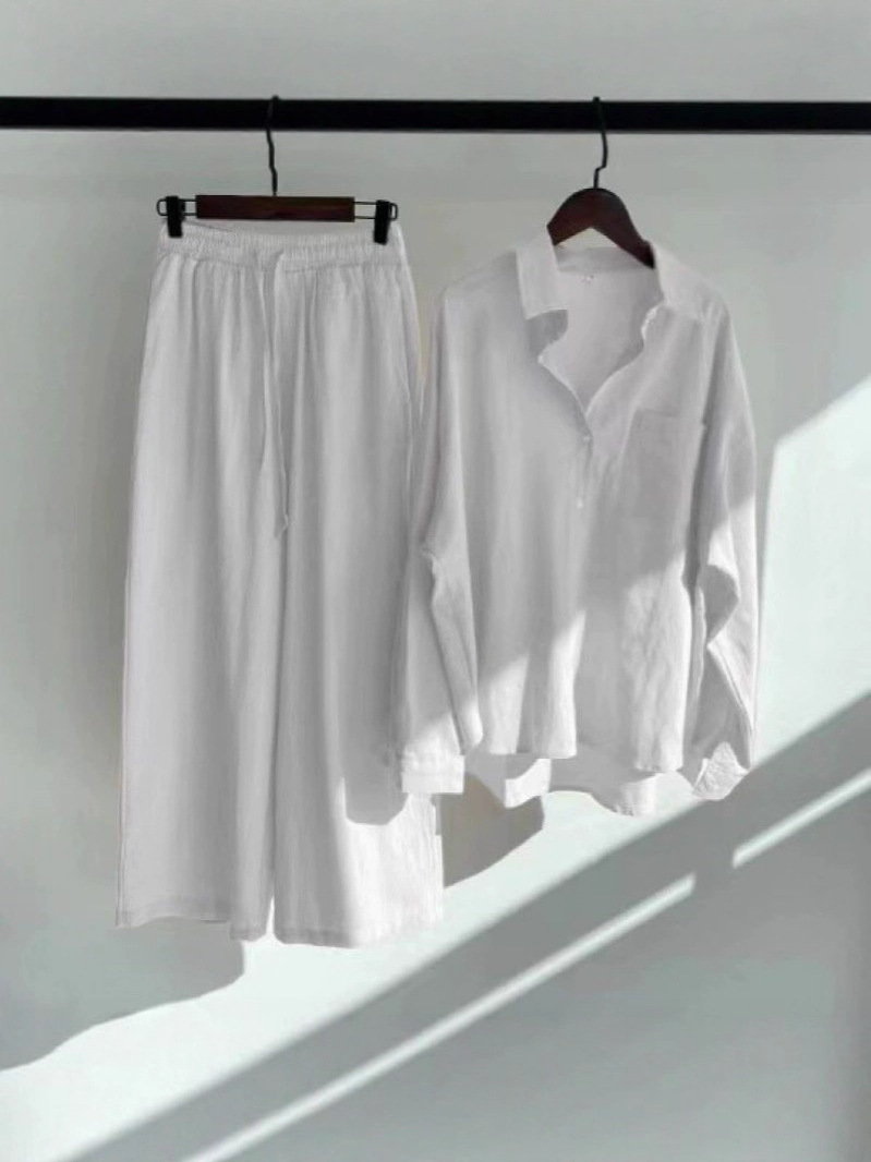 2025 Cross-Border Amazon Women's Retro Plus Size Cotton Linen Shirt Set High Waist Loose Pants Two-Piece Set for Women