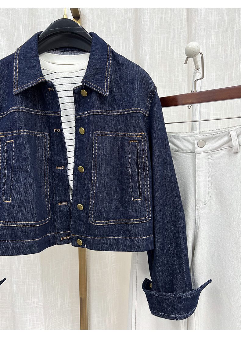 Áo khoác denim nữ phong cách cổ điển tay trễ vai dáng ngắn — màu xanh chi tiết 4