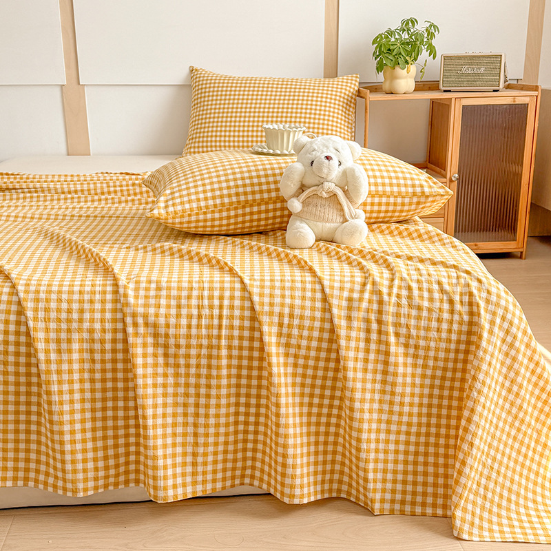 Sábana de algodón lavado de algodón de una sola pieza de algodón 100 dormitorio de estudiantes edredón de celosía individual funda de almohada de tres piezas 3