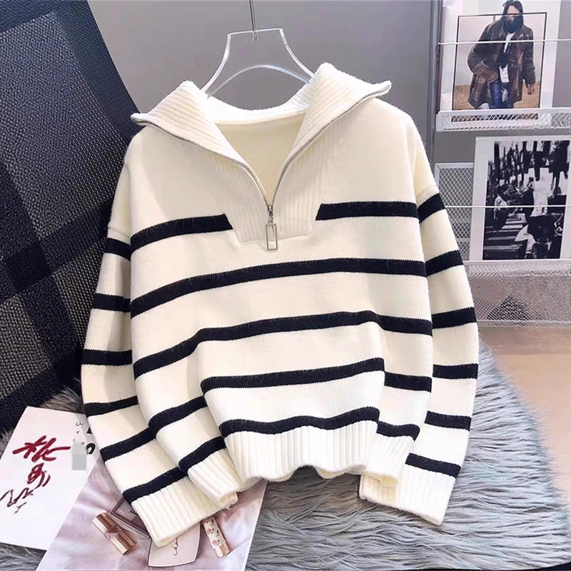 European and American Autumn and Winter New Contrast Color Stripesd Zipper Pullover Knitted Sweater Jacket