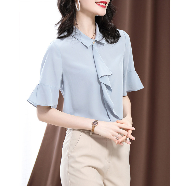 2026 Summer S339 Solid Color Ruffled Blouse 16 Momme Silk Crepe Shirt Top for Women with Flared Mid-Sleeves 2026 Summer S339 Solid Color Ruffled Blouse 16 Momme Silk Crepe Shirt Top for Women with Flared Mid-Sleeves