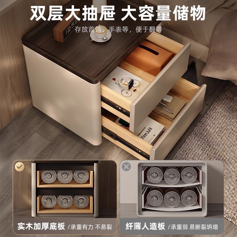 Minima mesita de cama de madera maciza2025 nuevo diseño de alta sensación de lujo ligero moderno y simple gabinete de cama de dormitorio familiar