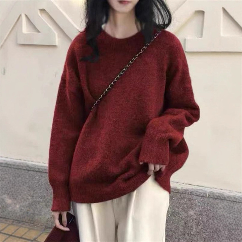 跨境韩系慵懒圆领毛衣女秋冬新款宽松显瘦打底套头内搭针织衫上衣|undefined