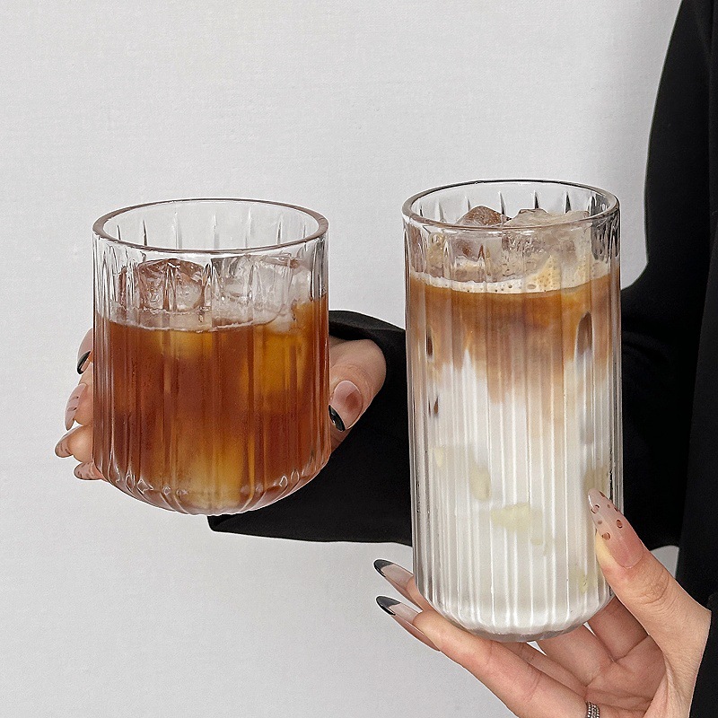 Tazas de vidrio con patrón de espada, tazas de café americanas de hielo, tazas de café de latte transparentes, tazas de bebida, tazas de agua para el hogar