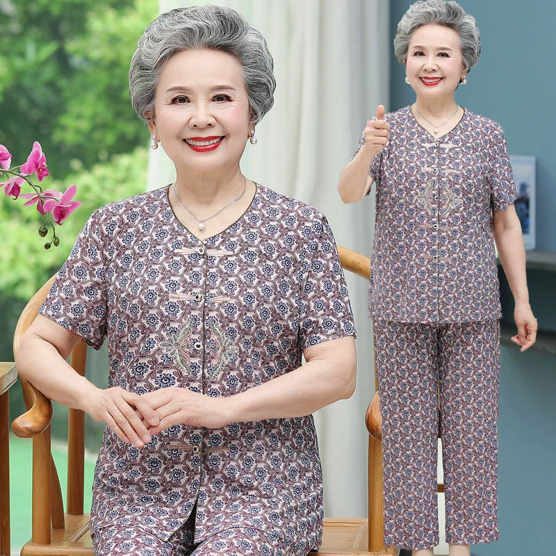 Летняя рубашка с короткими рукавами для среднего и пожилого возраста, женский костюм для матери, молочный Шелковый топ для пожилых женщин, костюм бабушки Тан, комплект из двух предметов