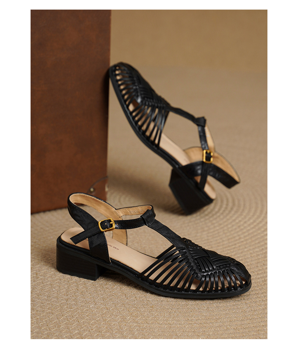 Sandal nữ quai ngang T-clasp gót thấp 4 cm phong cách vintage dệt rỗng — đen chi tiết 16