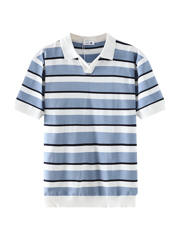 Europa y Estados Unidos transfronterizos hielo de punto polo camiseta de hombre de alto nivel de negocios ocio rayas de verano de manga corta camiseta
