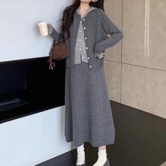 秋冬新款针织套装女撞色假两件上衣+半身裙设计感两件套跨境女装