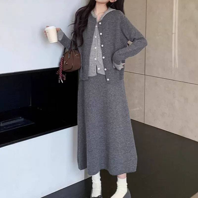 秋冬新款针织套装女撞色假两件上衣+半身裙设计感两件套跨境女装