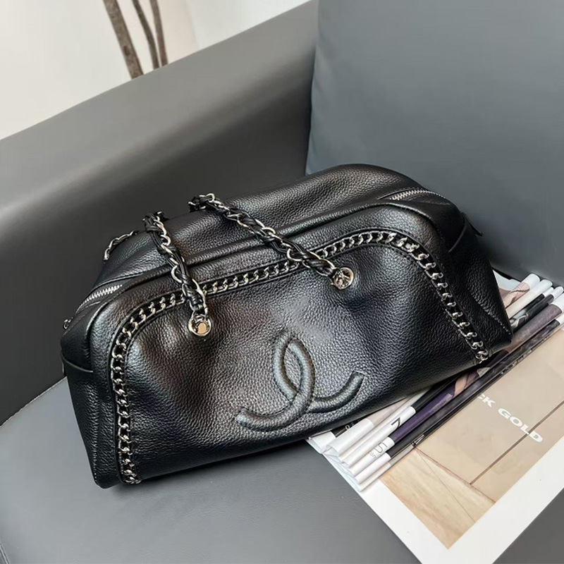 25 New Style Chanel-Inspired Denim Bowling Handbag with a High-End Feel, Vintage Leather Woven Chain Shoulder Underarm Bag