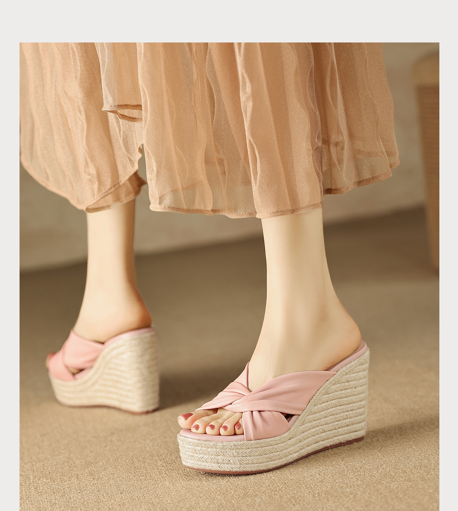 Sandal cao gót nữ quai chéo hở mũi đế xuồng bện cói gót 9 cm — màu thiên thanh, màu hồng chi tiết 16