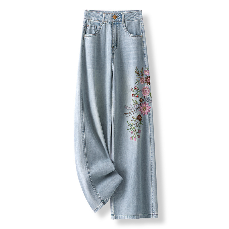 Straight-Leg Jeans for Women, Summer Thin Loose High-Waisted Embroidered Ethnic Style Trendy Floral Straight-Leg Pants Long Pants