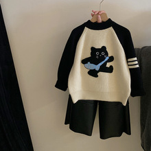 女童韩版撞色卡通猫咪针织毛衣2024秋冬新款加绒保暖皮裤洋气套装