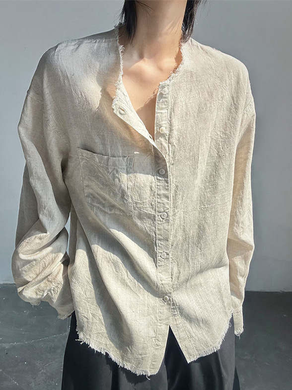老钱风毛边亚麻衬衫男长袖夏季薄款美式复古高级感慵懒风防晒衬衣|undefined