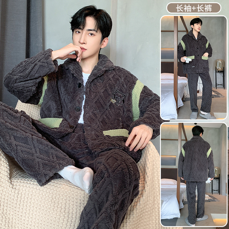 산호 양털 남성 잠옷 가을 | 겨울 카디건 긴 소매와 지방을 따뜻하게 유지하는 200KG 청소년 가정 의류 세트