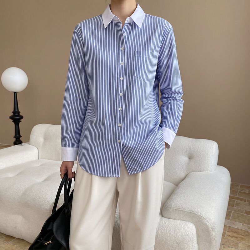 Early autumn new miu-style color-block striped shirt for women, versatile, casual, comfortable, breathable, in stock for wholesale and commuting