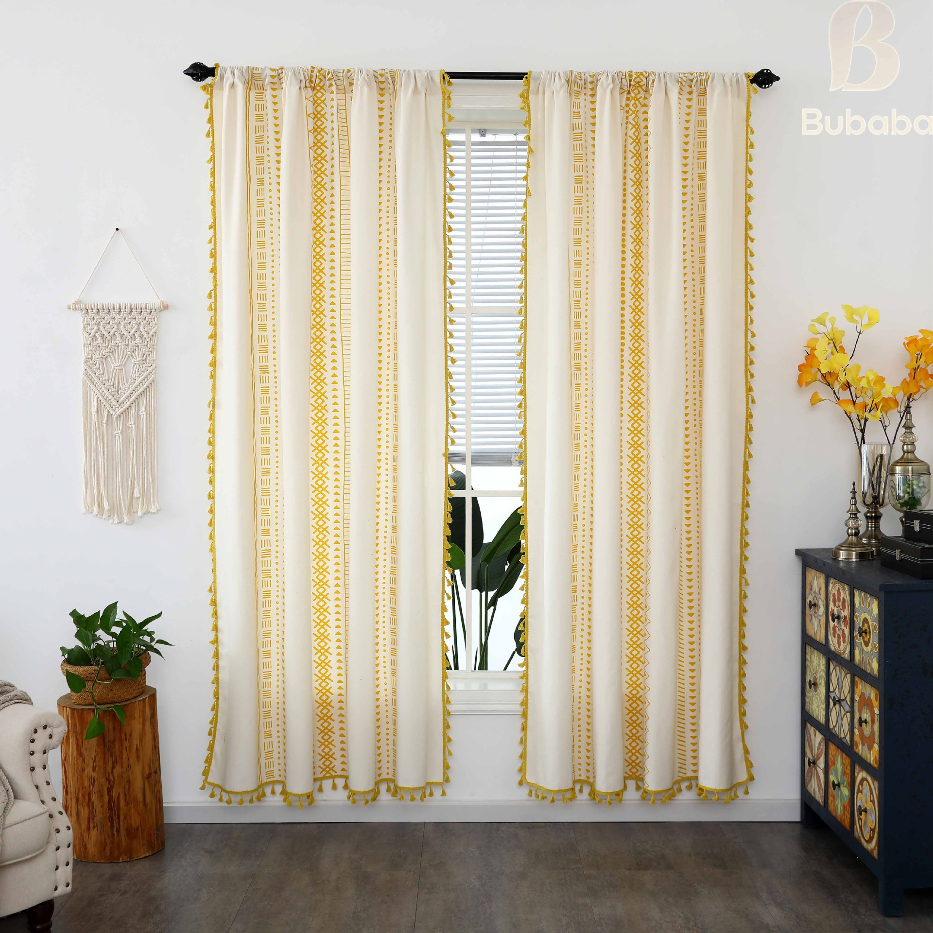 Manta amarilla con borlas, estampado geométrico, estilo rústico, de algodón y lino, de estilo bohemio, disponible en stock del fabricante Bubaba._voghion.com
