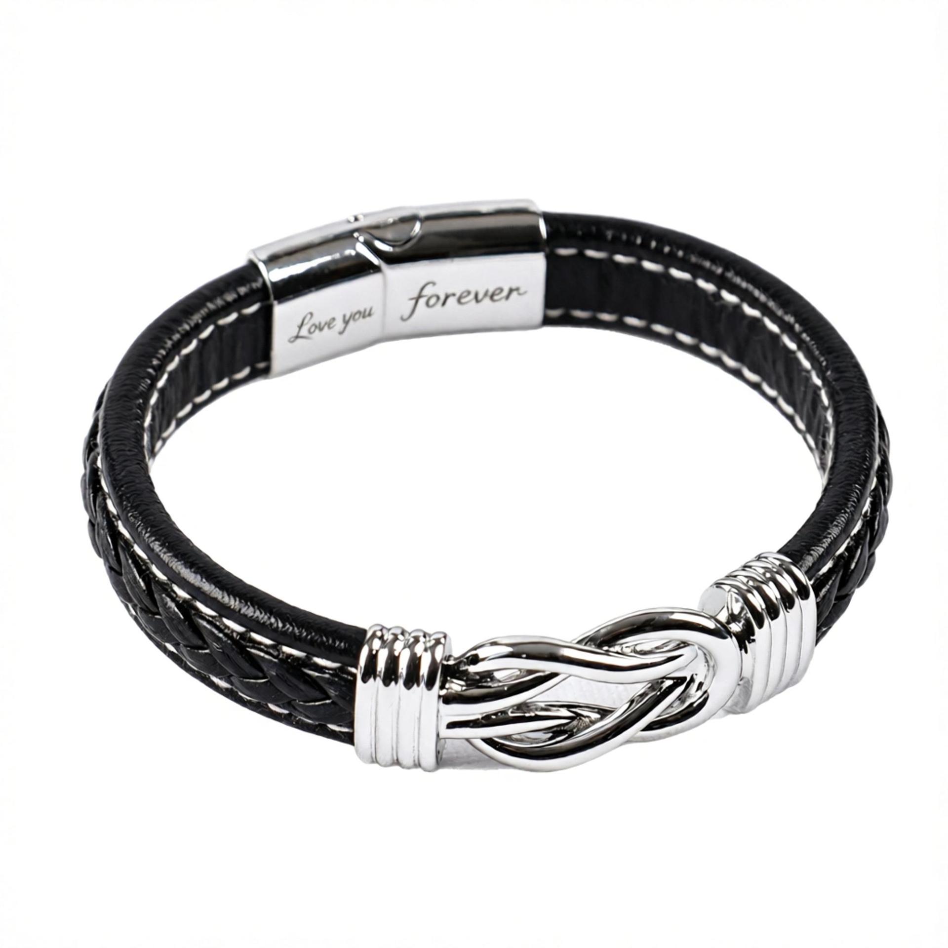 Cross-border bracelet black leather silver lettering love you forever + husband card