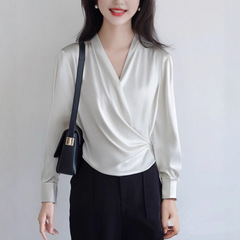 气质高级感真丝双乔褶皱V领设计感小众衬衫通勤职业衬衣上衣女秋