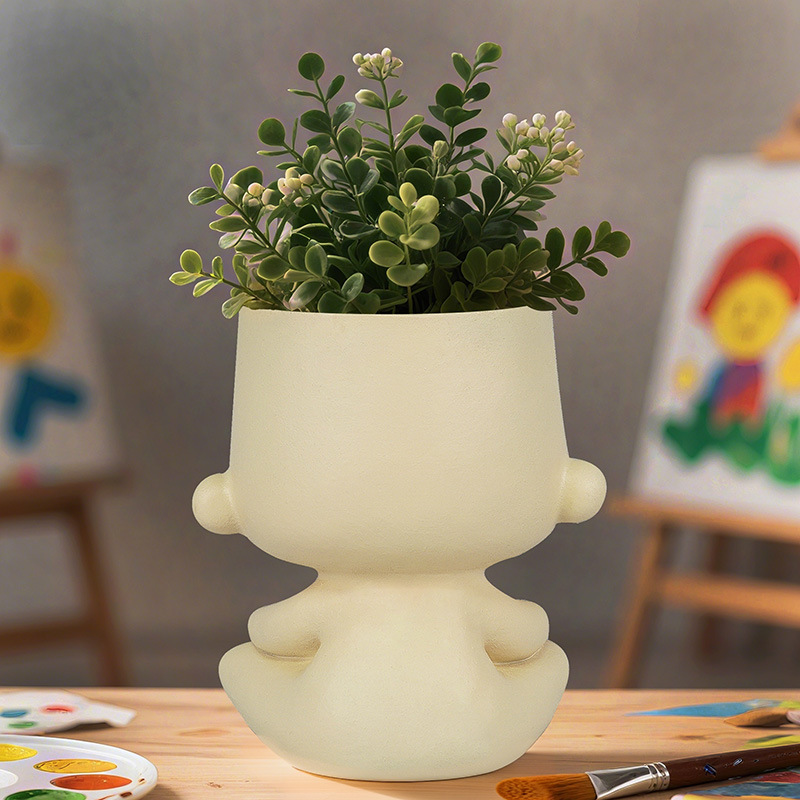 Manufacturer  Nordic Ins Boy Holding Bowl Resin Flower Pot with Double Planting Holes Home Garden Planting Container Decoration