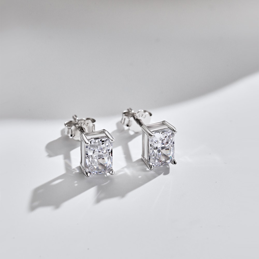 6g Weight 1 Pair 925 Sterling Silver Zircon Rectangle Ear Studs
