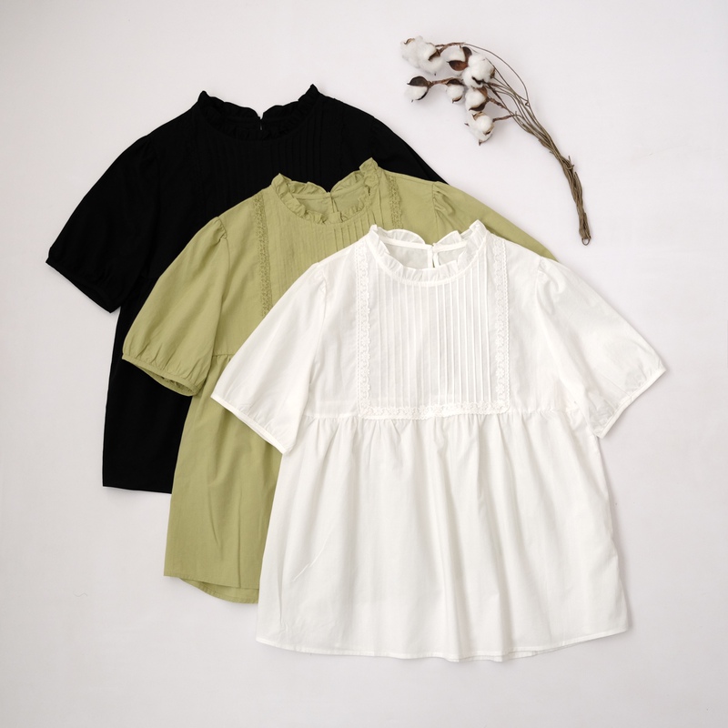 Cotton Natural Summer New Three-Color Cute Versatile Slimming Doll Shirt with Lace Ruffle Collar Short-Sleeve Shirt Cotton Natural Summer New Three-Color Cute Versatile Slimming Doll Shirt with Lace Ruffle Collar Short-Sleeve Shirt