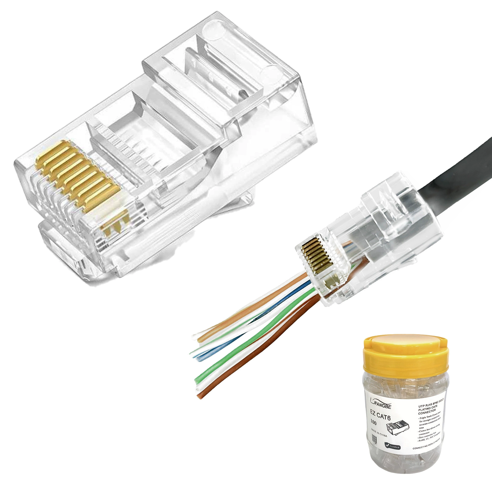Кабель CAT6 8P8C класса шесть для глобальной сети, гигабитный, золотой, прямое соединение RJ45 без экрана, шестой класс, кристаллическая головка