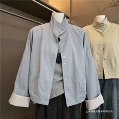 小个子宽松休闲条纹拼接立领外套女2025春季休闲百搭时尚减龄上衣