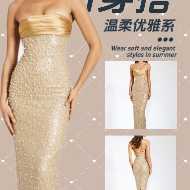2025 Cross-Border Spring New Collection Strapless Sexy Slim-Fit Dress High-End Quality Featuring Embroidered Beads