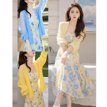 碎花雪纺连衣裙女夏修身显瘦多巴胺海边渡假开衫吊带裙两件套