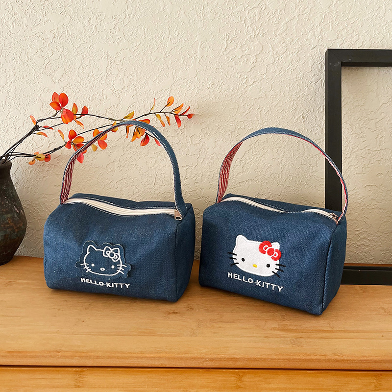 大脸猫推荐kitty刺绣美式vintage蓝色牛仔手提斜挎包两用包包
