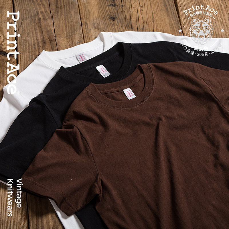 PrintAce Khaki Vintage Cotton Heavy-weight Solid Color Seamless Barrel-woven Round Neck Short-sleeved T-shirt 6166 PrintAce Khaki Vintage Cotton Heavy-weight Solid Color Seamless Barrel-woven Round Neck Short-sleeved T-shirt 6166