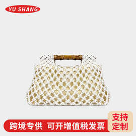 跨境专供手工编织小方包 2025新款镂空竹节手柄手提包大容量网袋