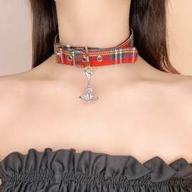 西太后秋冬款黑红格子纹项链女小众高级感choker项圈甜酷辣妹颈链